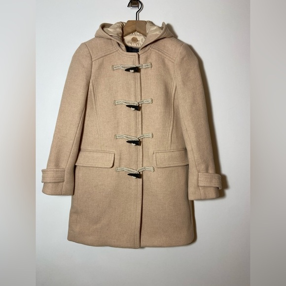 $350-J.Crew the 2007 Italian stadium-cloth wool toggle Hood coat BEIGE Sz 0P - Picture 2 of 9